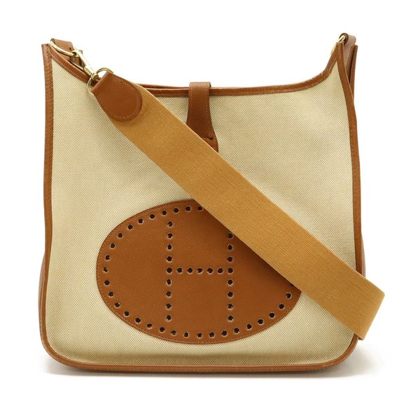 HERMES Evelyn I 1 PM Shoulder Bag Toile H Leather Light Brown Z Stamp - Picture 2 of 10